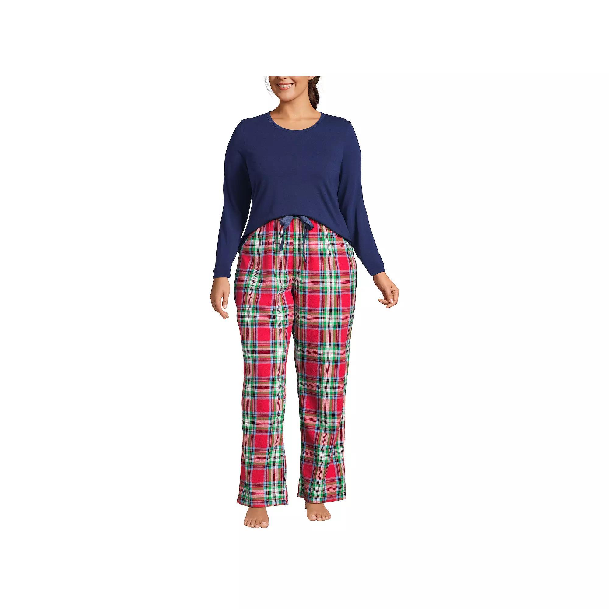 Plus Size Lands' End Knit Long Sleeve Pajama Top & Flannel Pajama Pants Sleep Set, Women's, Size: 2XL, Red Hounds Product Image