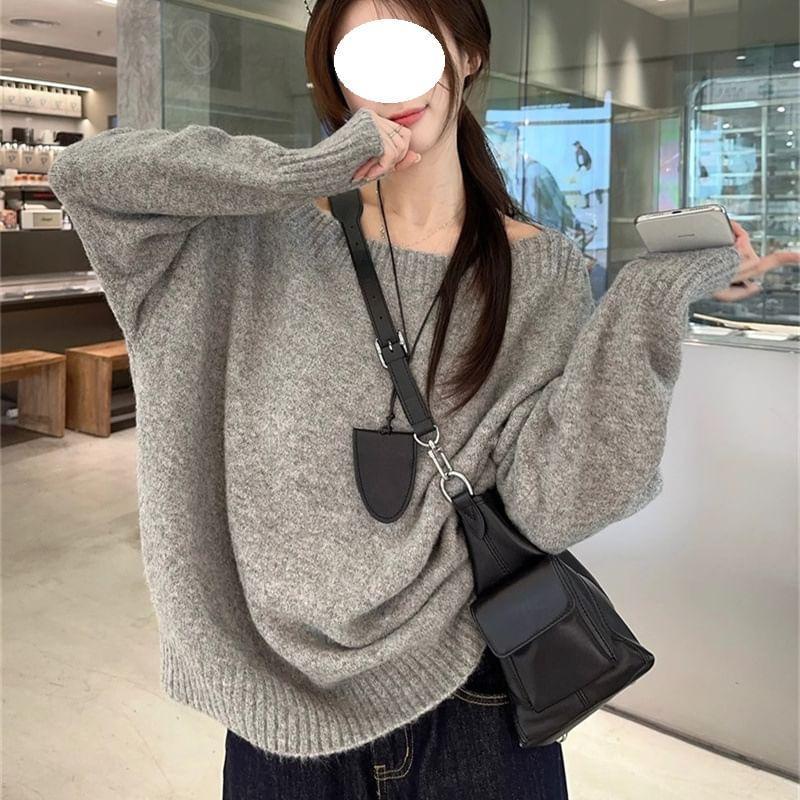 Off-Shoulder Plain Sweater Product Image