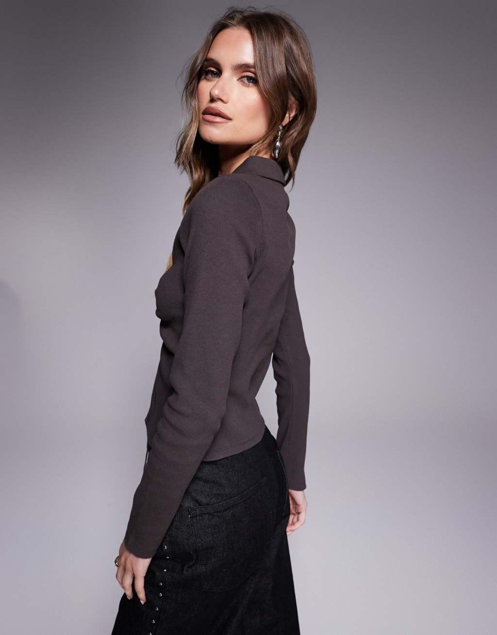 ASOS DESIGN ribbed ruched front long sleeve top in chocolate Product Image