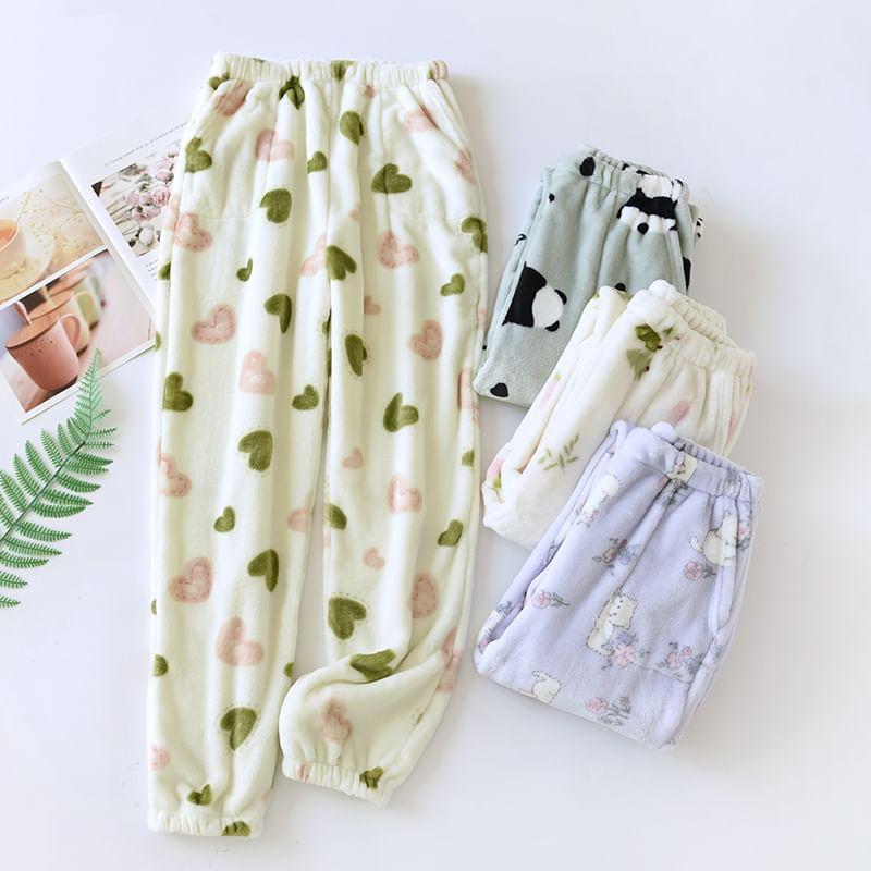 Elastic Waist Patterned Print Coral Fleece Straight Leg Pajama Pants Product Image