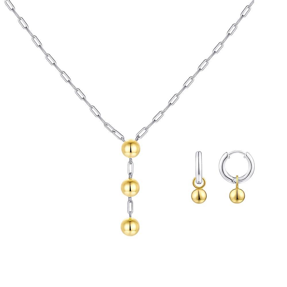 Argento Forte Sterling Silver Two-Tone Polished Ball Y-Necklace & Hoop Earrings Set, Women's, Size: 18", Two Tone Product Image