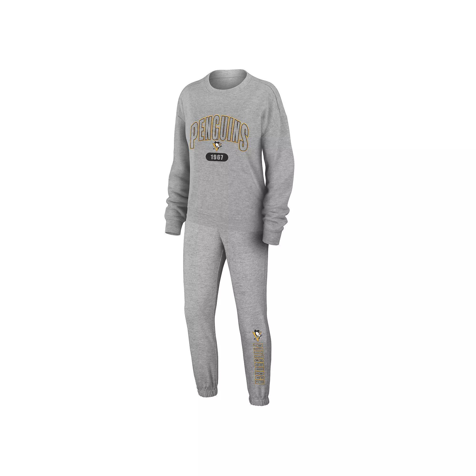 Women's WEAR by Erin Andrews Heather Gray Pittsburgh Penguins Knit Long Sleeve Tri-Blend T-Shirt & Pants Sleep Set, Size: XL, Grey Product Image