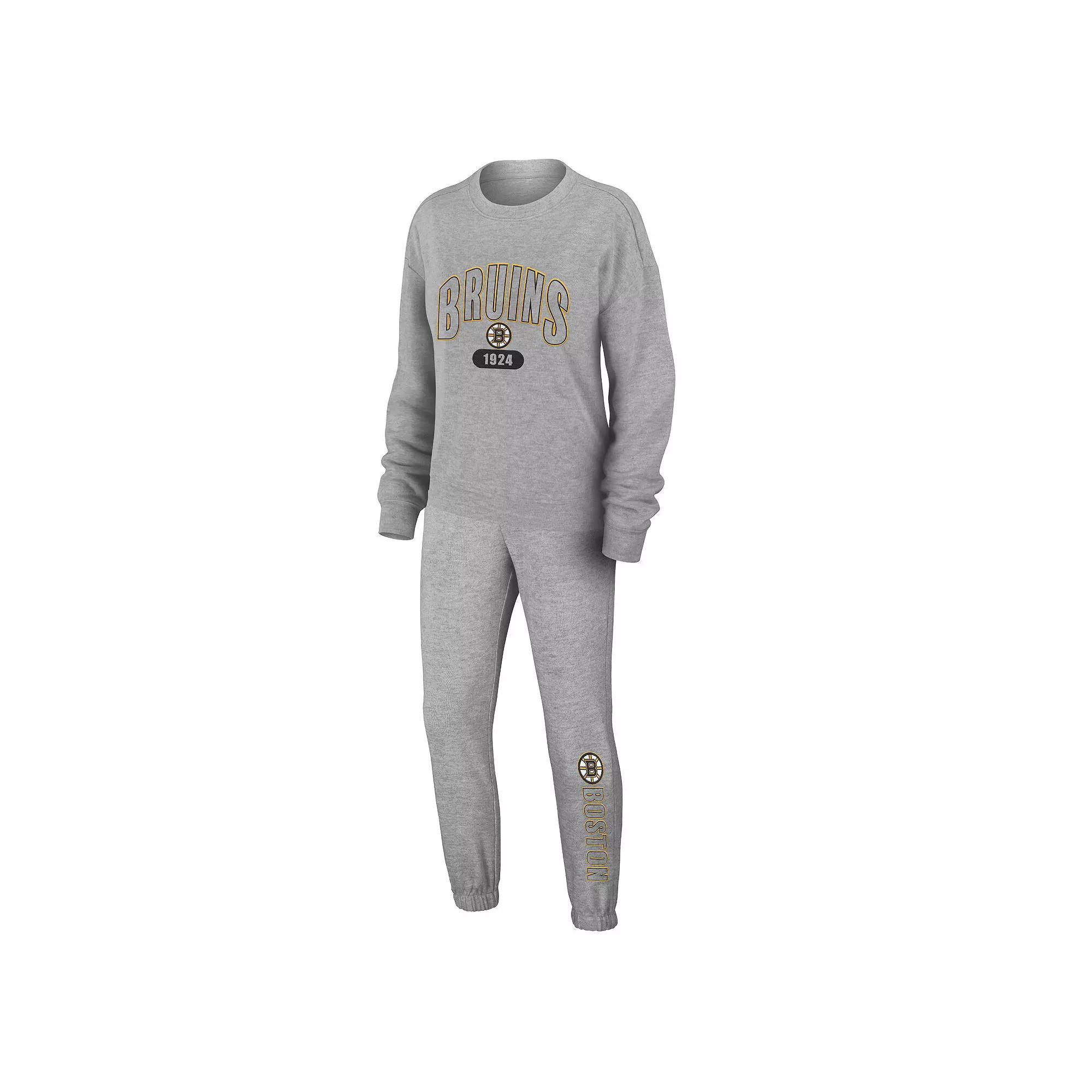 Women's WEAR by Erin Andrews Heather Gray Boston Bruins Knit Long Sleeve Tri-Blend T-Shirt & Pants Sleep Set, Size: XL, Grey Product Image