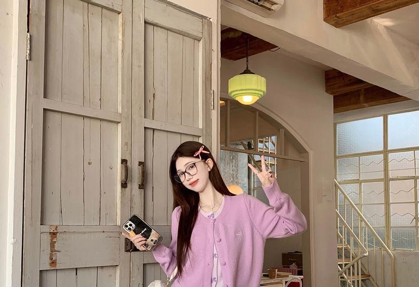 Round Neck Two Tone Bow Embroidered Mock Two-Piece Cardigan Product Image