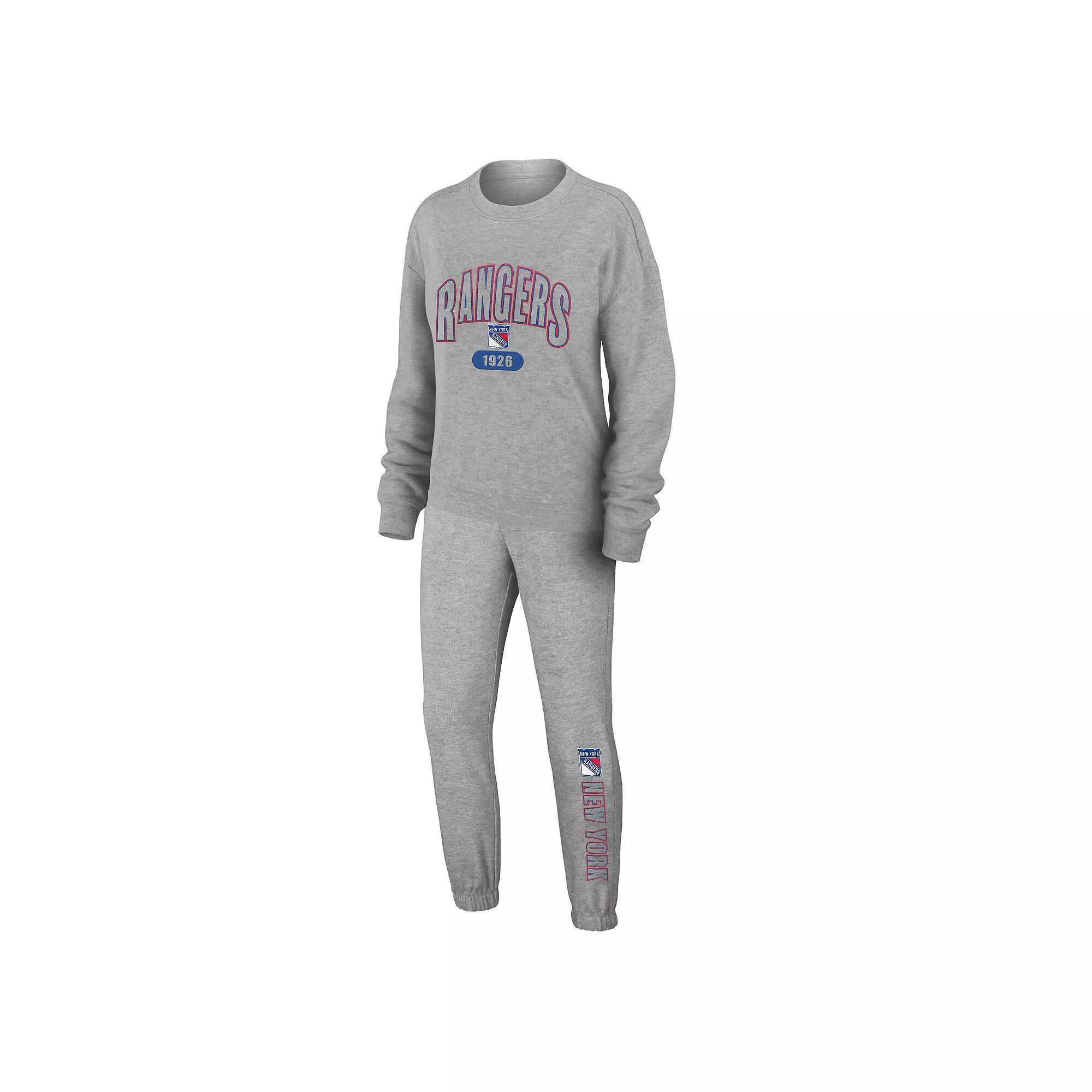 Women's WEAR by Erin Andrews Heather Gray New York Rangers Knit Long Sleeve Tri-Blend T-Shirt & Pants Sleep Set, Size: Small, Ran Grey Product Image