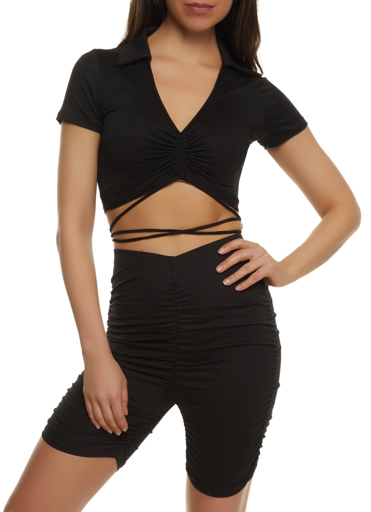 Womens Criss Cross Tie Back Ruched Crop Top Product Image