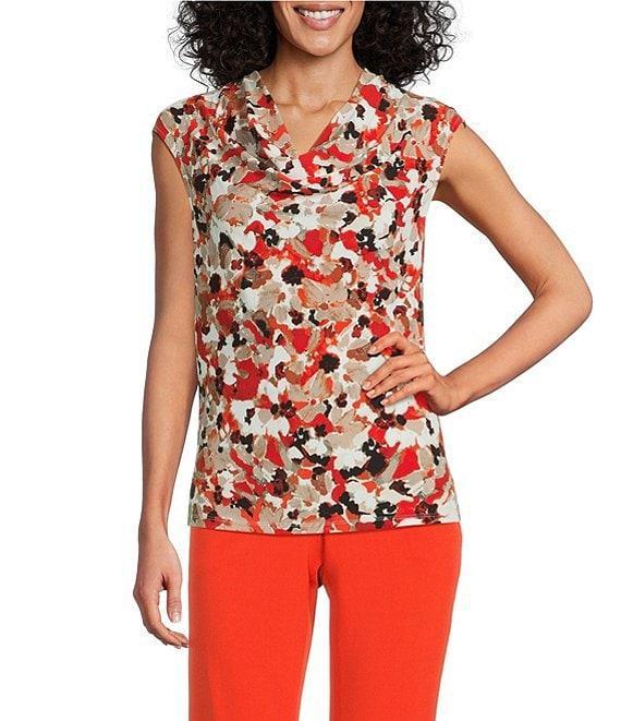 Kasper Printed Jersey Cowl Neck Cap Sleeve Top Product Image