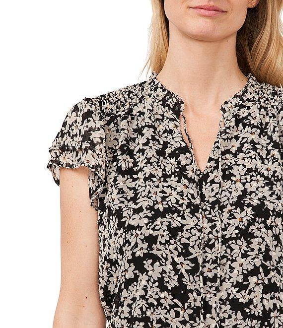 CeCe Woven Floral Print Split Round Neck Short Sleeve Blouse Product Image