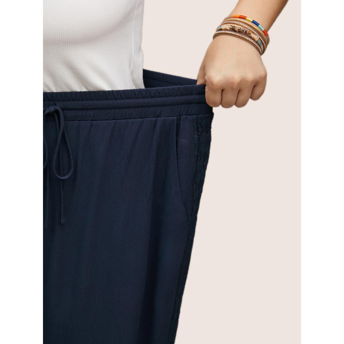 Plus Size Solid Lace Patchwork Elastic Waist Wide Leg Pants Women Aegean Resort Wide Leg Mid Rise Vacation Pants BloomChic 14-16/1X Product Image