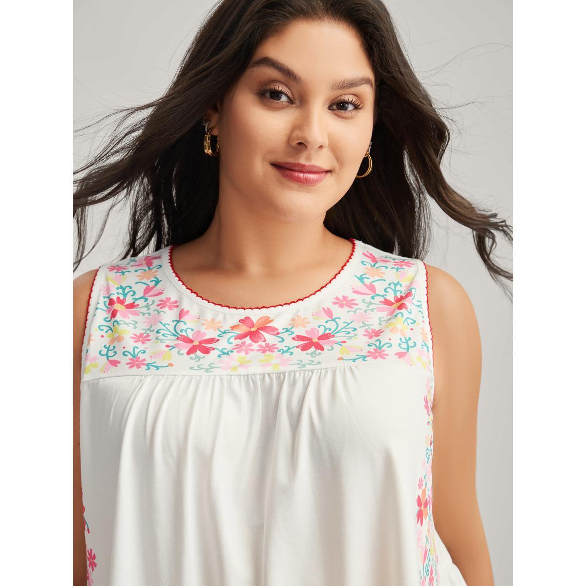 Plus Size Stretchy Floral Neck Flowy Tank Top Women Opticwhite Gathered Round Neck Everyday-Elegant Tank Tops Camis BloomChic 28/5X Product Image