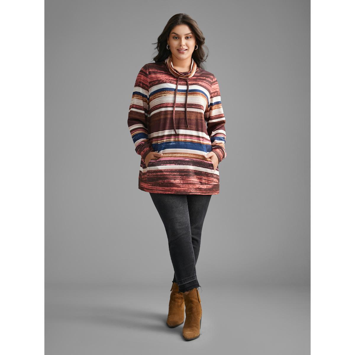 Plus Size Striped Patched Pocket Drawstring Sweatshirt Women Multicolor Casual Drawstring Loose Ruffled collar Everyday Sweatshirts BloomChic 18-20/2X Product Image