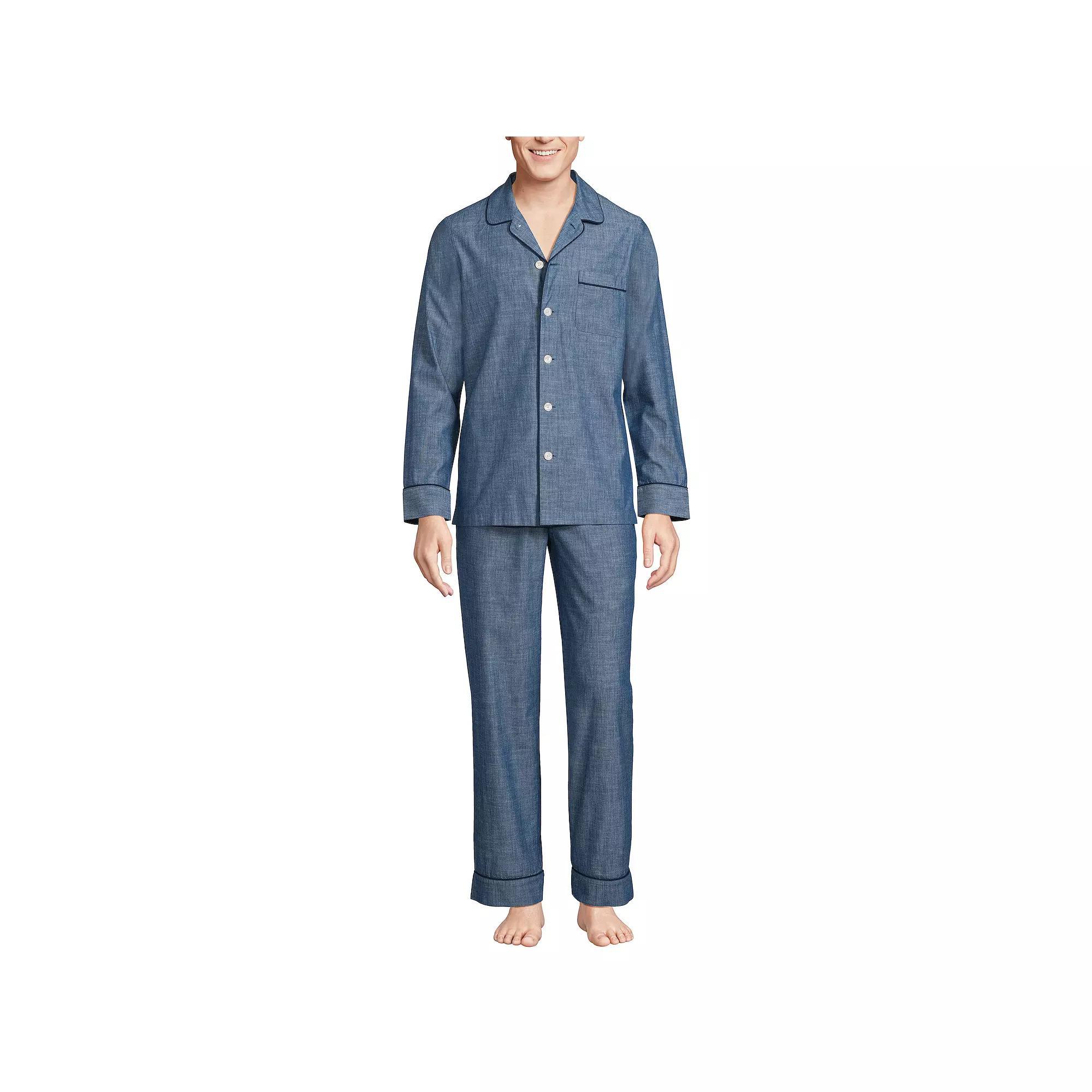 Men's Lands' End Essential Long Sleeve Top & Pants Pajama Set, Size: XXL, Grey Blue Stripe Product Image