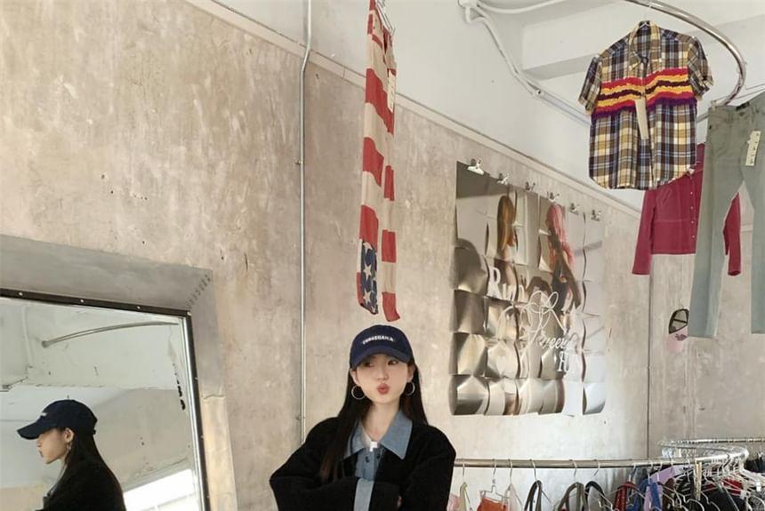 Collared Mock Two-Piece Denim Panel Button-Up Fleece Long Coat Product Image