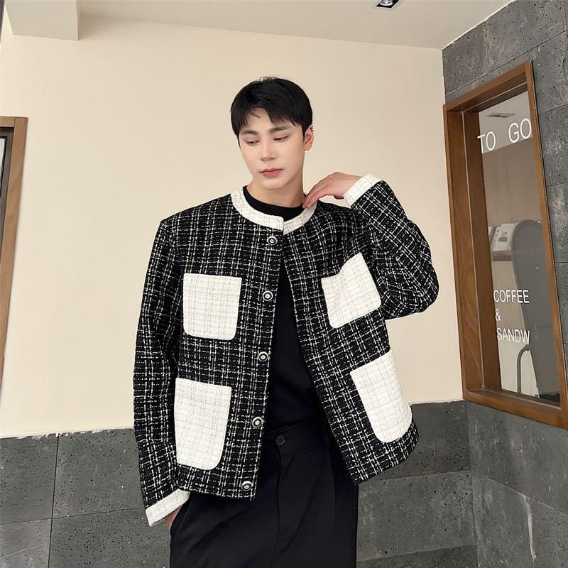 Round Neck Panel Tweed Button Jacket Product Image
