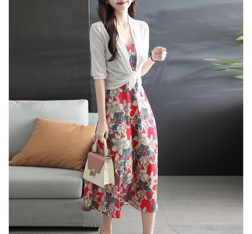 Spaghetti Strap Floral Print Midi A-Line Dress / Elbow-Sleeve Tie-Front Plain Jacket / Set Product Image