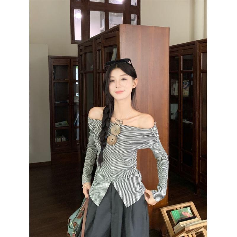 Long Sleeve Off Shoulder Striped Button Slit Top Product Image