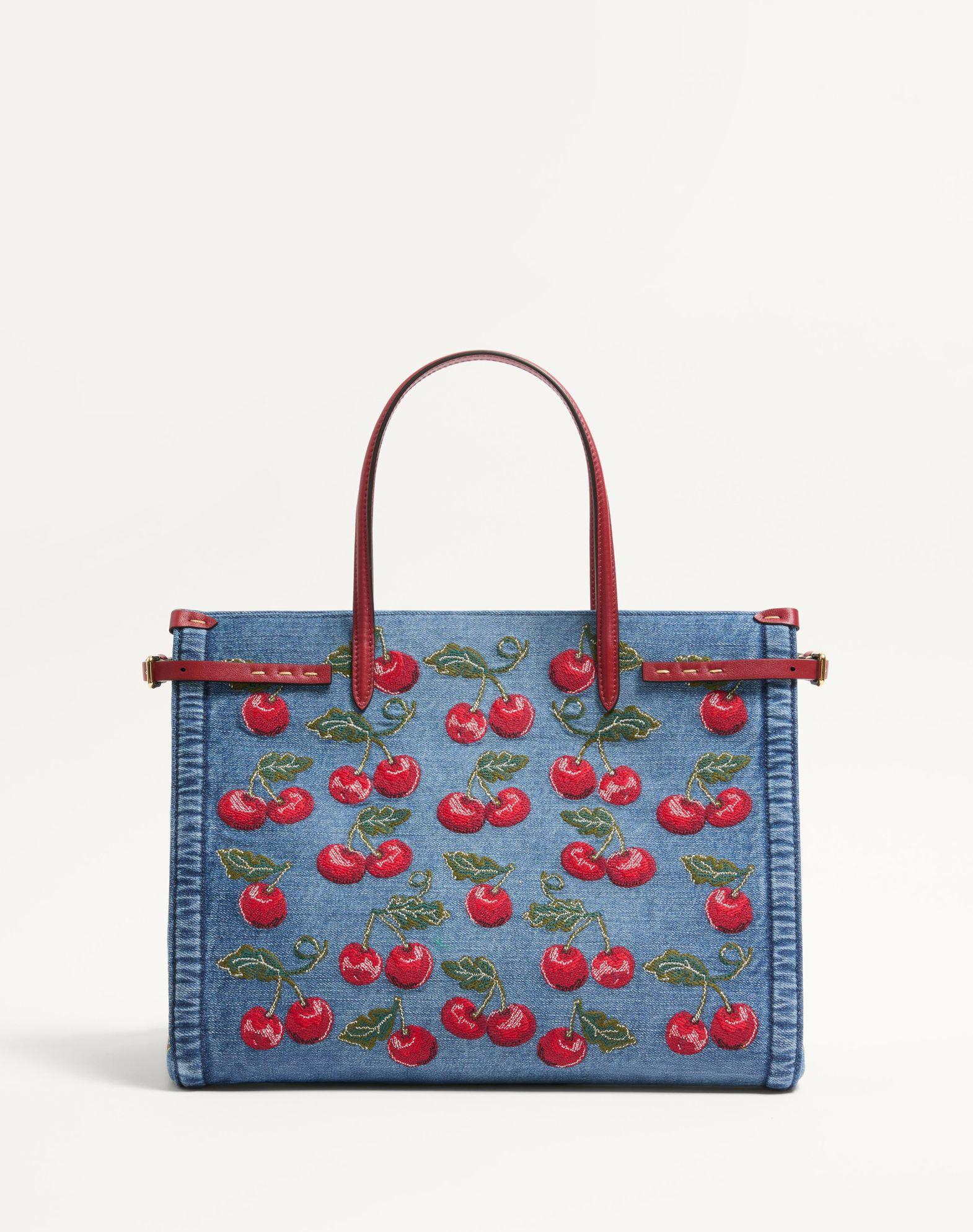 Valentino Garavani Antibes Medium Shopping Bag In Denim With Cherryfic Embroidery Product Image