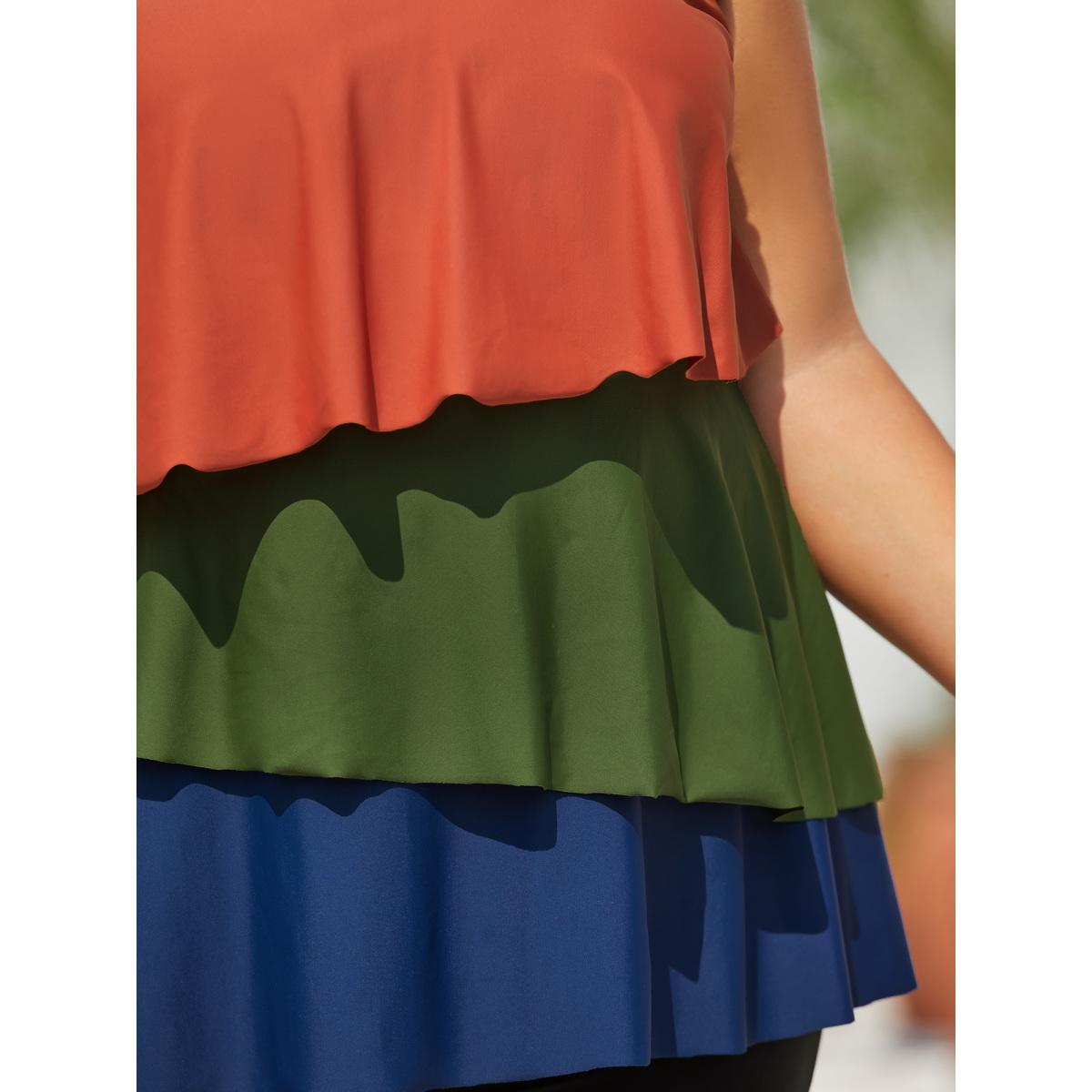 Plus Size Color Block Asymmetrical Hem Swim Top Women's Swimwear Multicolor Beach Contrast High stretch Bodycon V-neck Curve Swim Tops BloomChic 26/4X Product Image