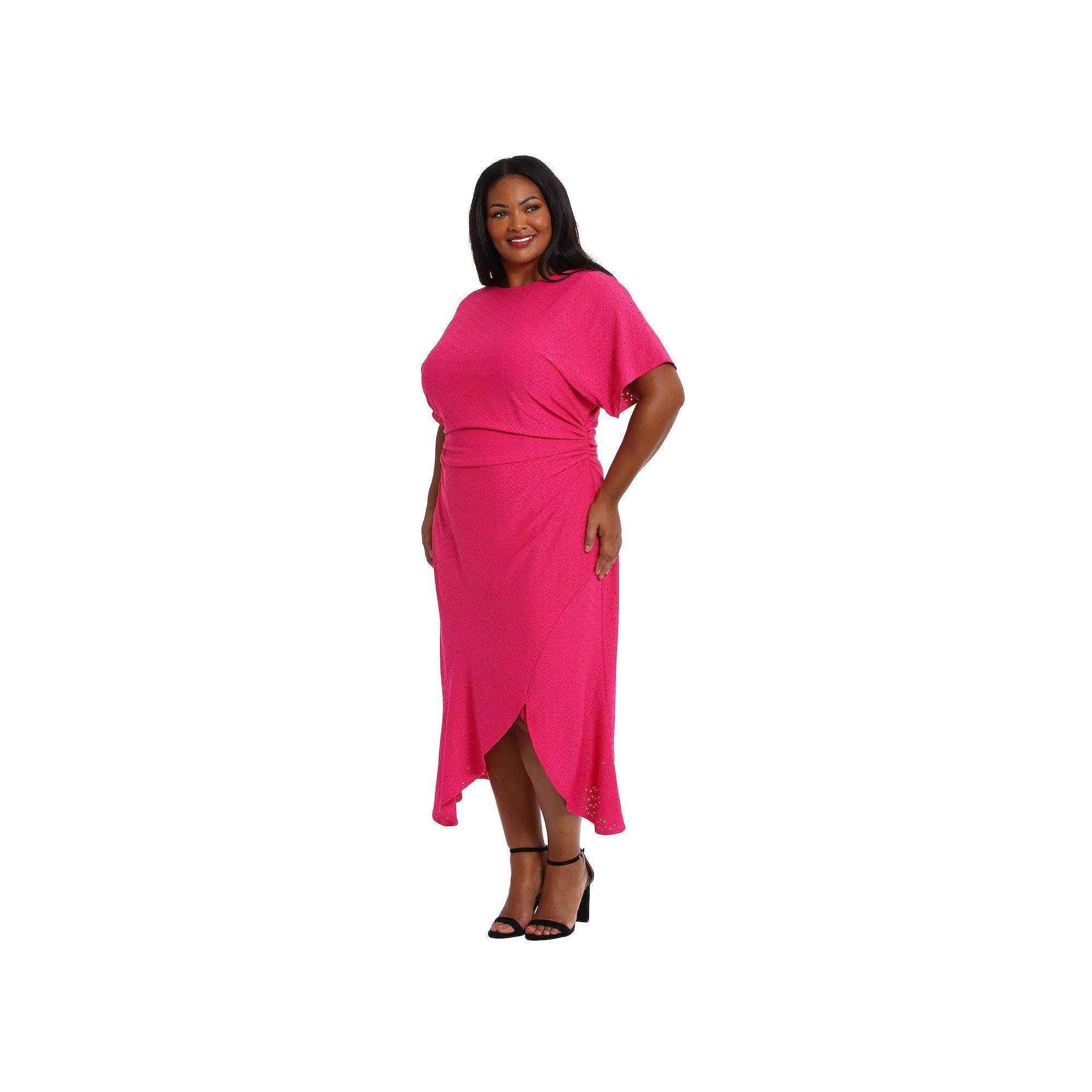 Plus Size London Times Eyelet Asymmetric Hem Midi Dress, Womens Pink Product Image