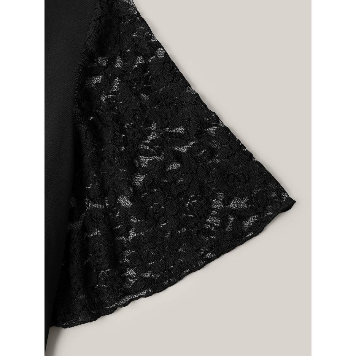 Plus Size Black Front-Tie Sheer Lace Sleeve Jumpsuit Women Elegant Short sleeve Asymmetrical Neck Everyday-Elegant Loose Jumpsuits BloomChic 14-16/1X Product Image