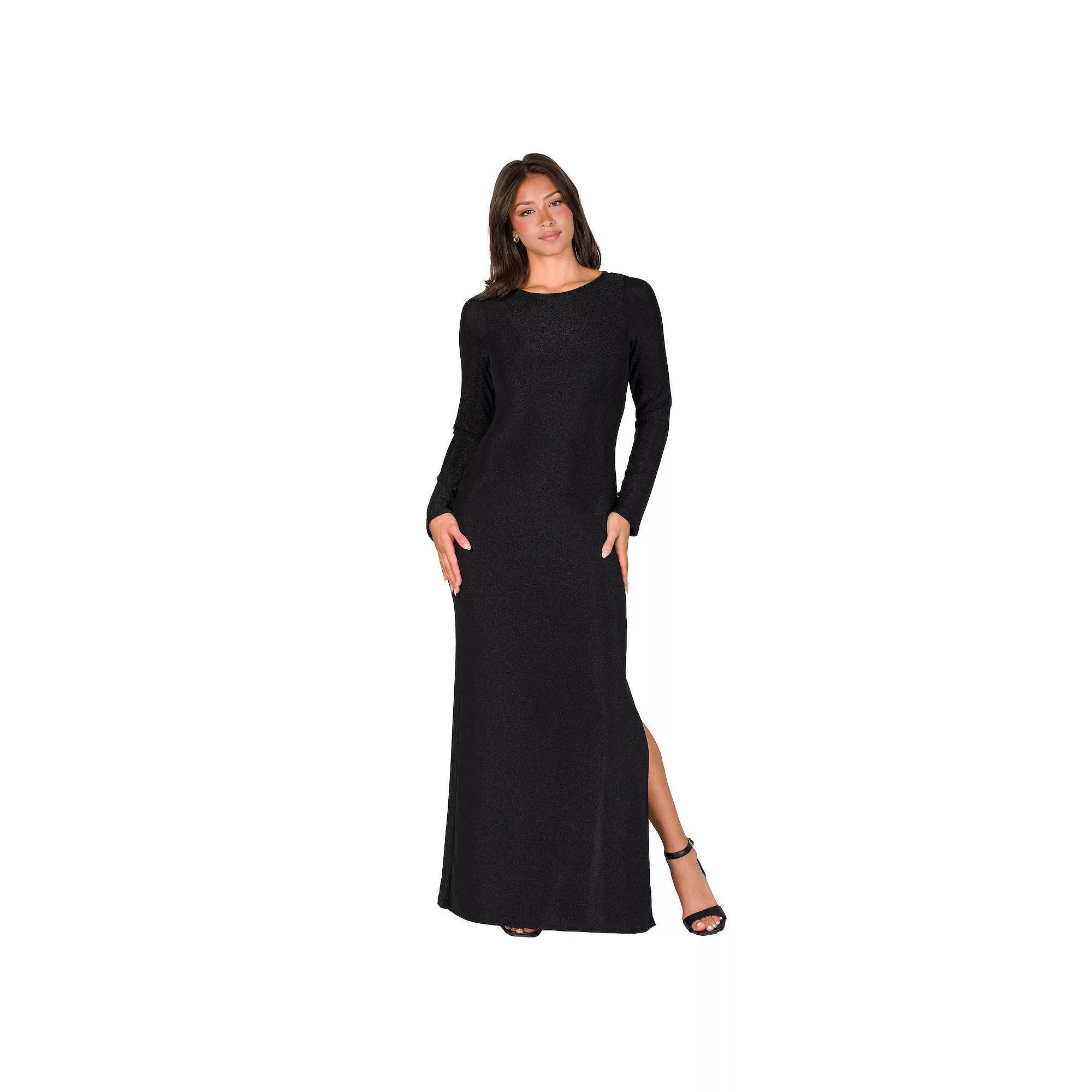 Women's 24Seven Comfort Apparel Long Sleeve Shimmer Side Slit Maxi Dress, Size: Small, Silver Product Image