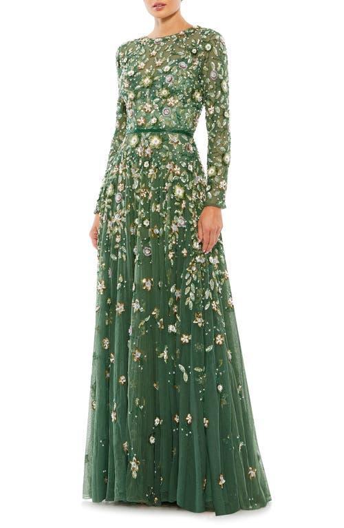 Mac Duggal Floral Beaded Crew Neck Long Sleeve Pleated Chiffon Gown Product Image