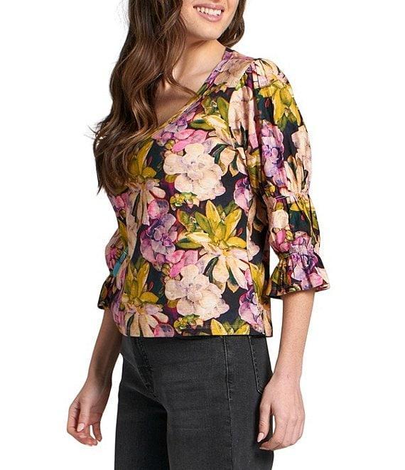 APNY Woven Floral Print V-Neck 3/4 Sleeve Blouse Product Image