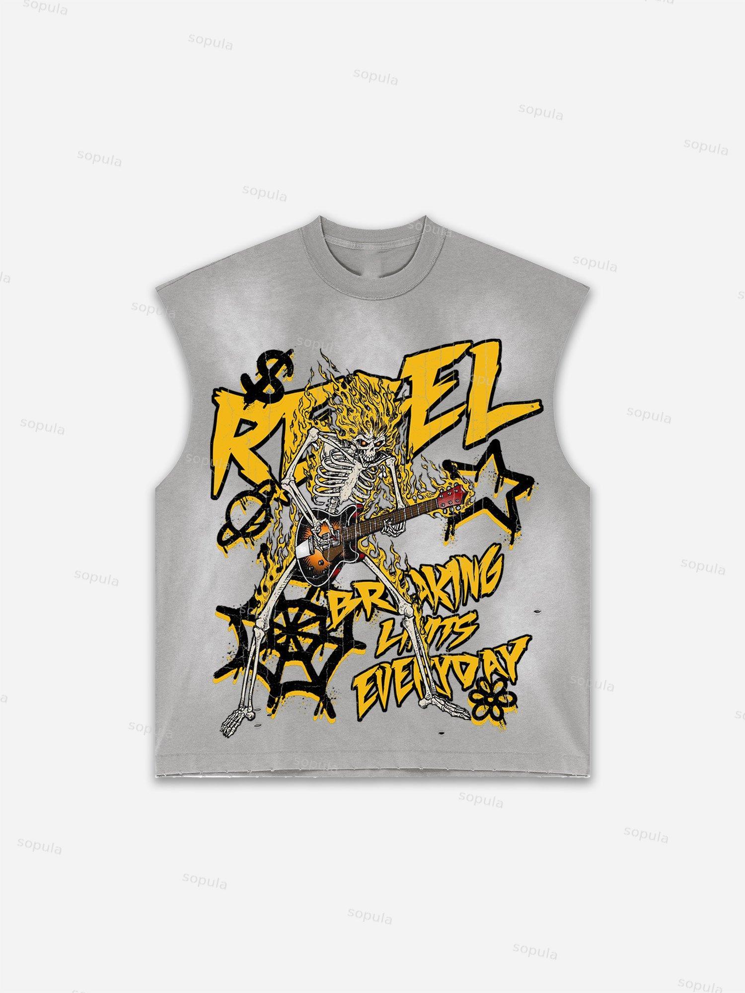 Flame Skull Graffiti Print Distressed Tank Top Product Image