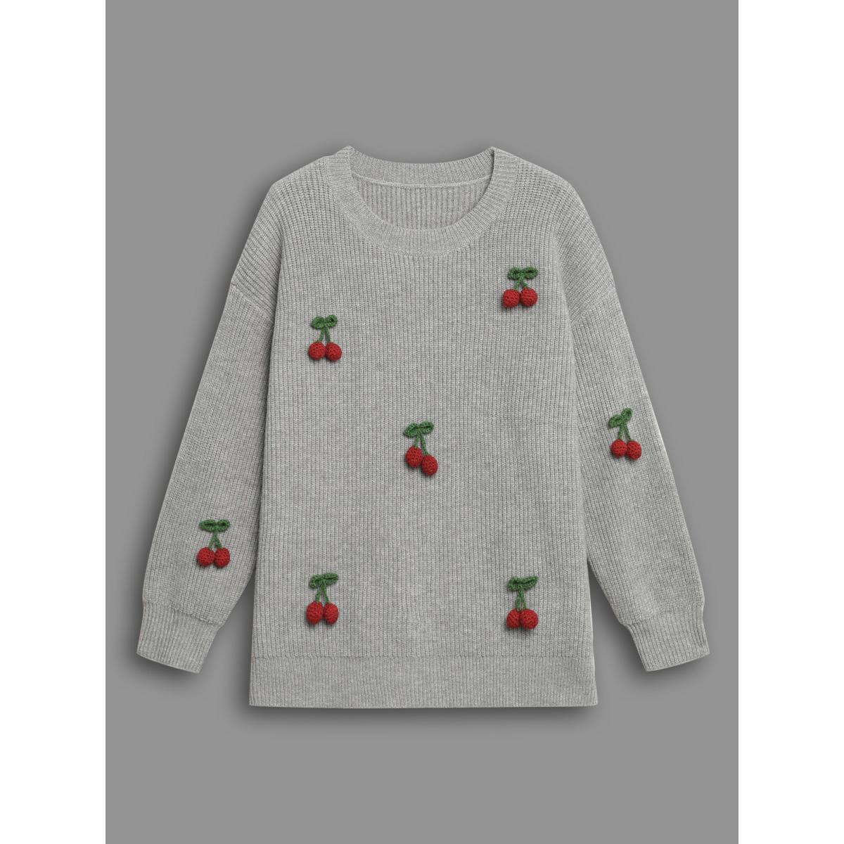 Plus Size Supersoft Essentials Stereo Cherry Design Pullover Mediumgray Women Casual Loose Long Sleeve Round Neck Everyday Pullovers BloomChic 30/6X Product Image
