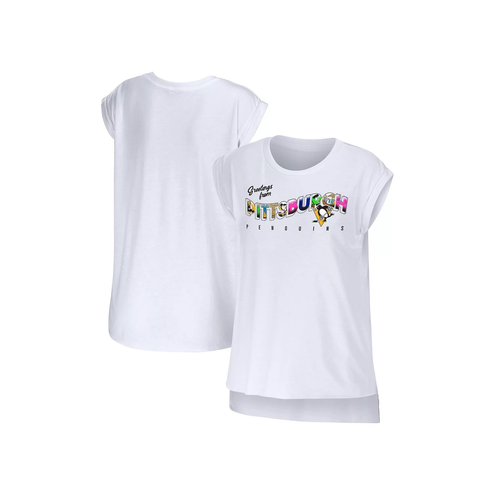 Women's WEAR by Erin Andrews White Pittsburgh Penguins Greetings From Muscle T-Shirt, Size: Medium Product Image