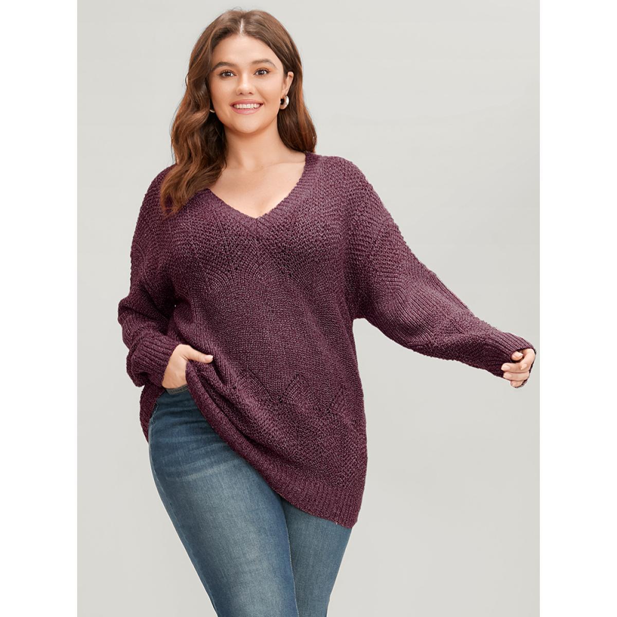 Plus Size Solid Pointelle Knit Eyelet V Neck Heather Knit Top Russet Women Elegant Loose Long Sleeve V-neck Dailywear Pullovers BloomChic 22-24/3X Product Image