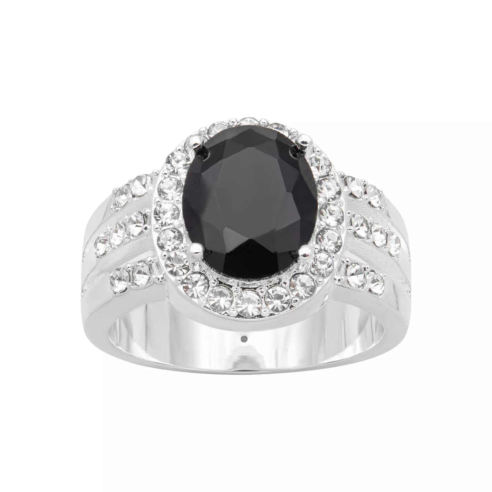 City Luxe Silver Tone Jet Crystal Oval Halo Ring, Women's, Size: 7, Silver Tone Black Product Image