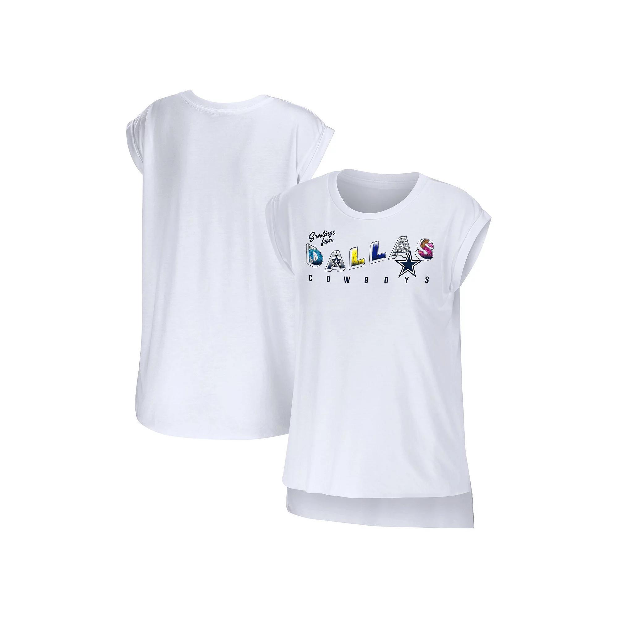 Women's WEAR by Erin Andrews White Dallas Cowboys Greetings From Muscle T-Shirt, Size: Small Product Image