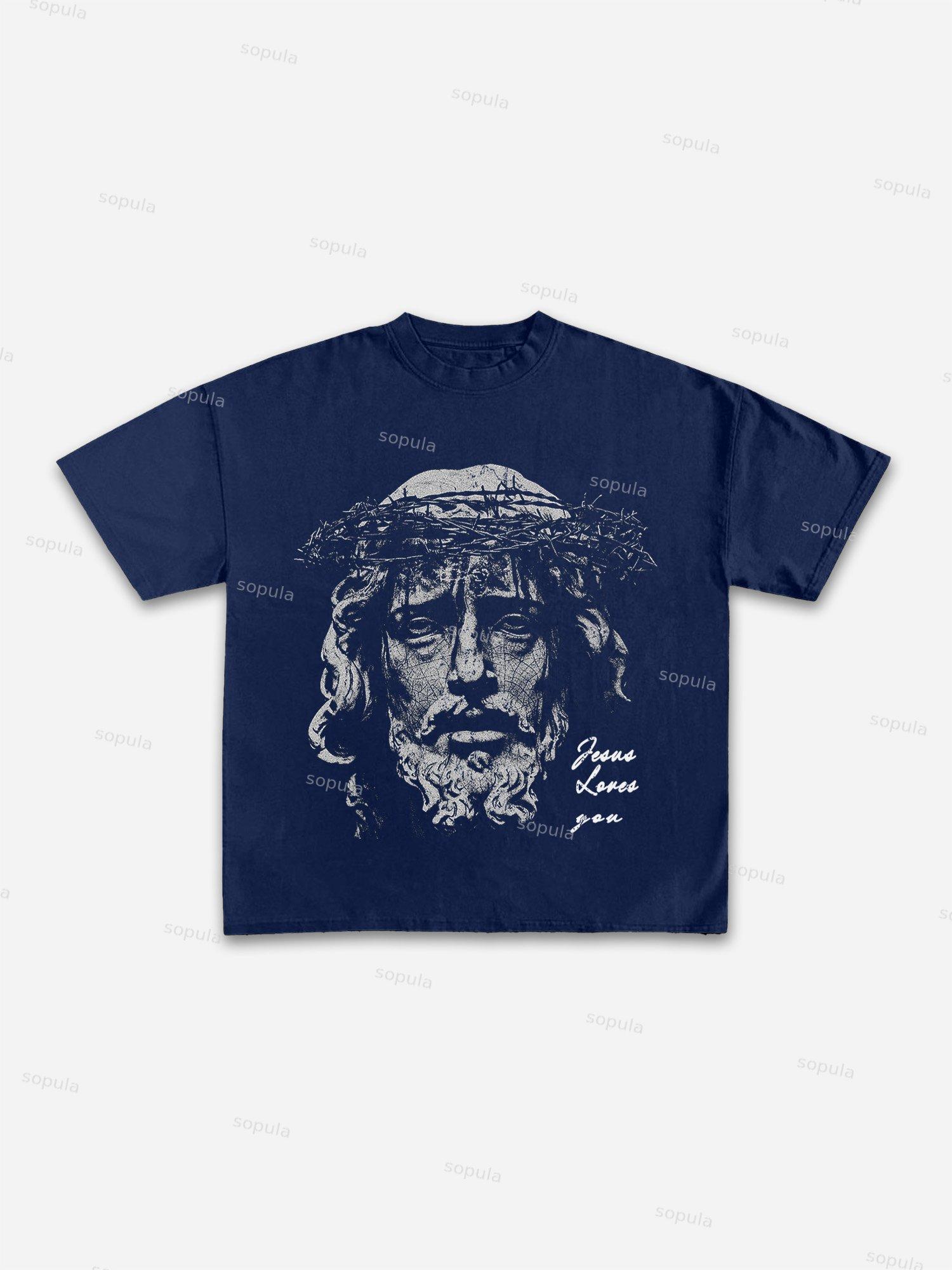 Jesus Portrait Print Cotton T-shirt Product Image