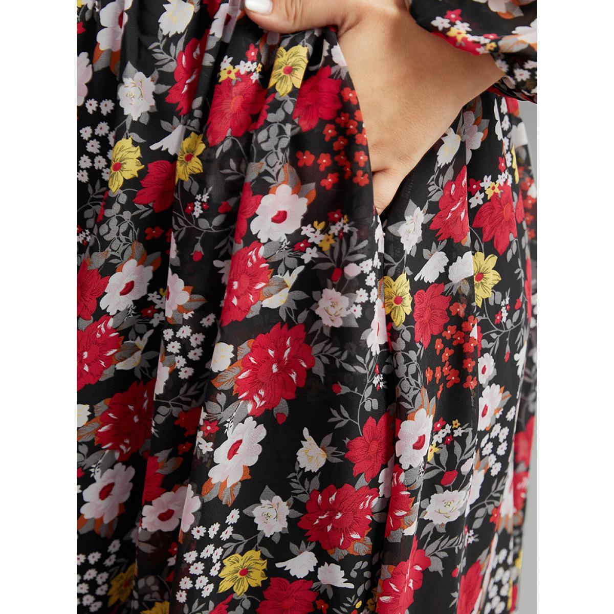 Plus Size Chiffon Floral Print Shirred Elastic Cuffs Dress Black Women Elegant Elastic cuffs Mock Neck Long Sleeve Curvy Midi Dress BloomChic 26/4X Product Image