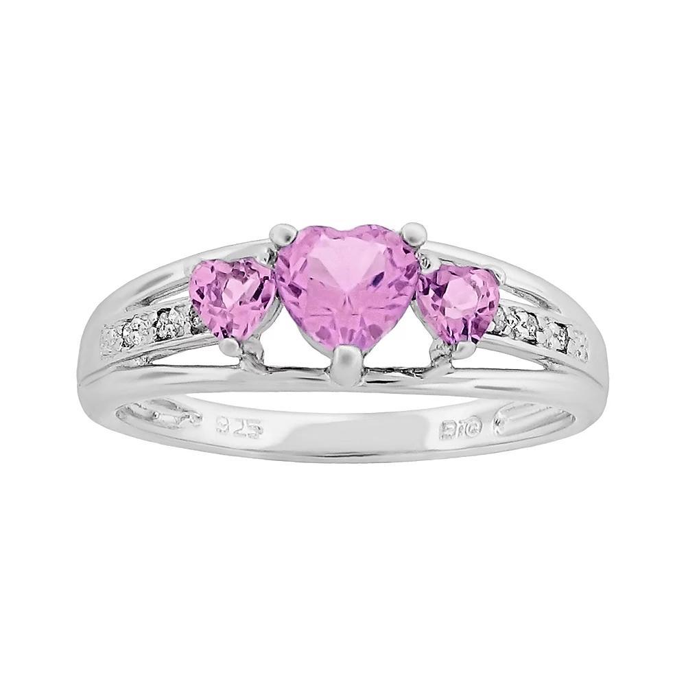 Gemminded Sterling Silver Lab-Created Pink Sapphire and Diamond Accent Heart 3-Stone Ring, Women's, Size: 8, Pink Blue Product Image