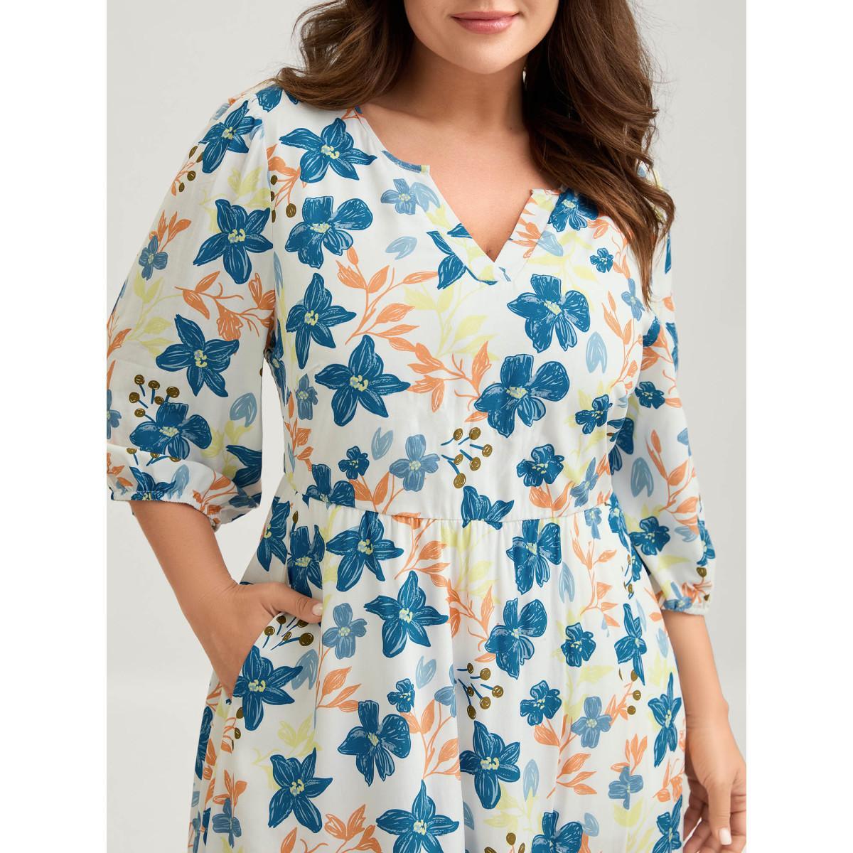 Plus Size Rayon Floral Stretchy Waist Pockets Midi Dress Multicolor Women Flat collar with V-notch Elbow-length sleeve Curvy BloomChic 26/4X Product Image