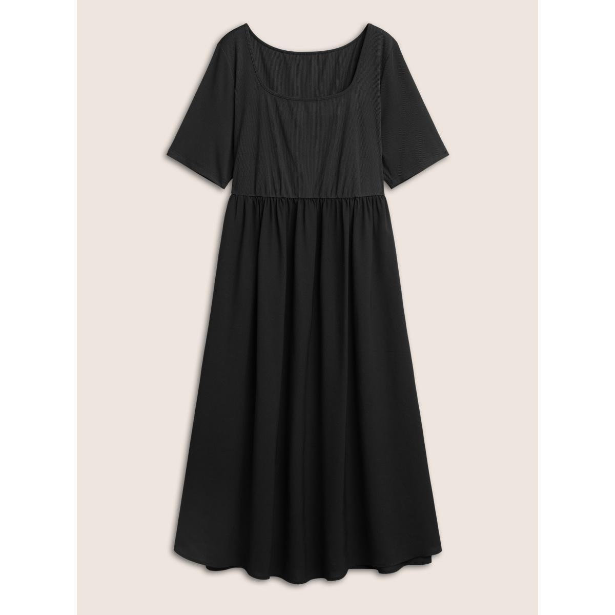 Plus Size Plain Square Neck Gathered Elastic Waist Dress Black Women Casual Non Square Neck Short sleeve Curvy Midi Dress BloomChic 28/5X Product Image