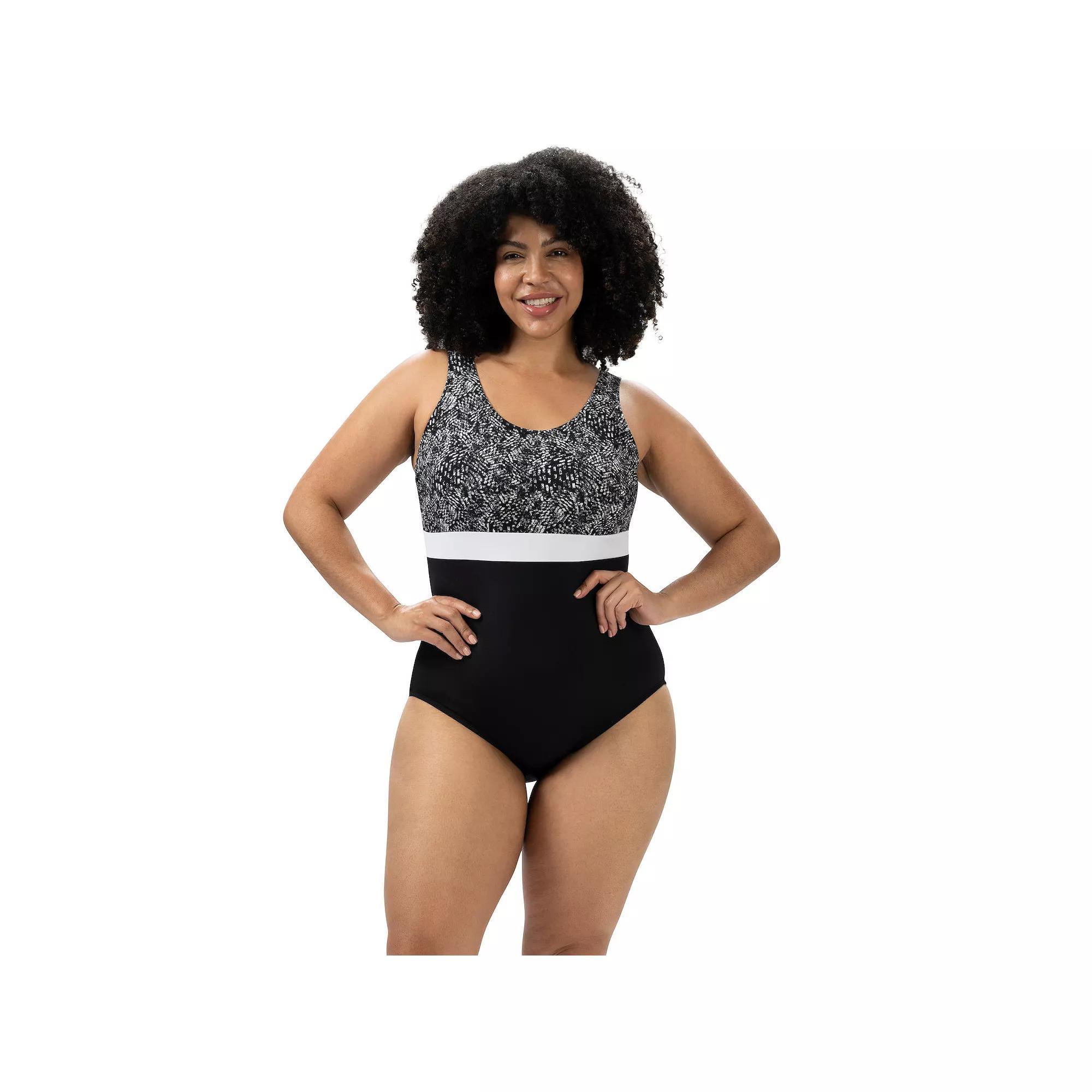 Women's Dolfin Aquashape Printed Scoop Back One-Piece Swimsuit, Size: 14, Black Product Image