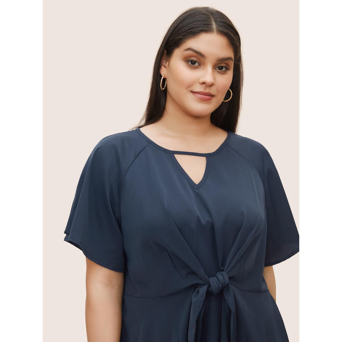 Plus Size Indigo Plain Keyhole Knotted Front Ruffle Sleeve Blouse Women Work From Home Short sleeve Round Neck Work Blouses BloomChic 12/L Product Image