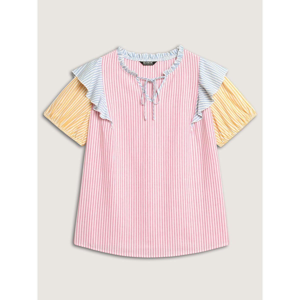 Plus Size Multicolor Cotton Colorful Stripes Ruffled Neck Tie Blouse Women Short sleeve Notched collar Everyday-Elegant Blouses BloomChic 22-24/3X Product Image