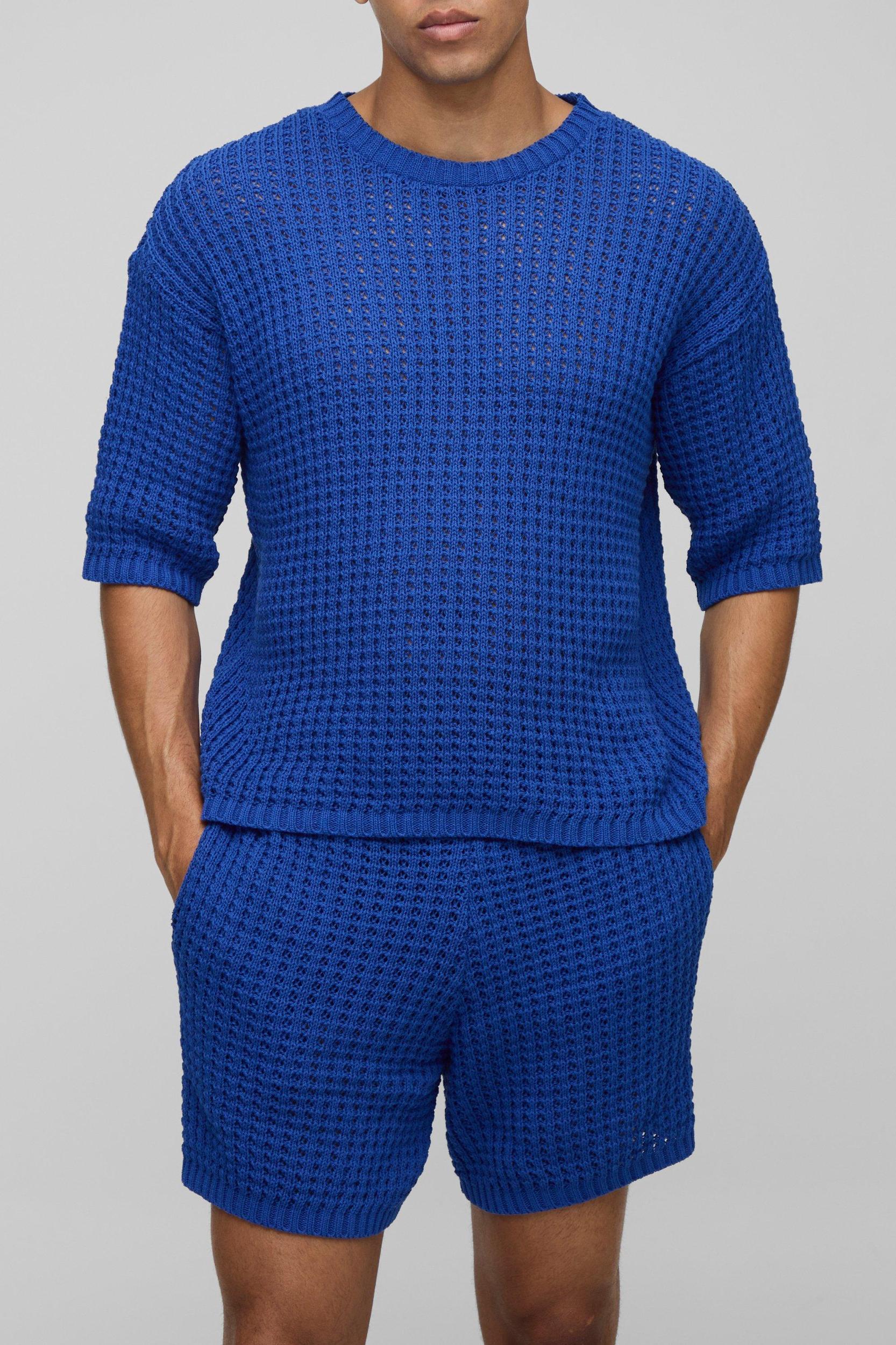 Regular Fit Open Tuck Stitch Knitted Shorts Set | boohooMAN USA Product Image