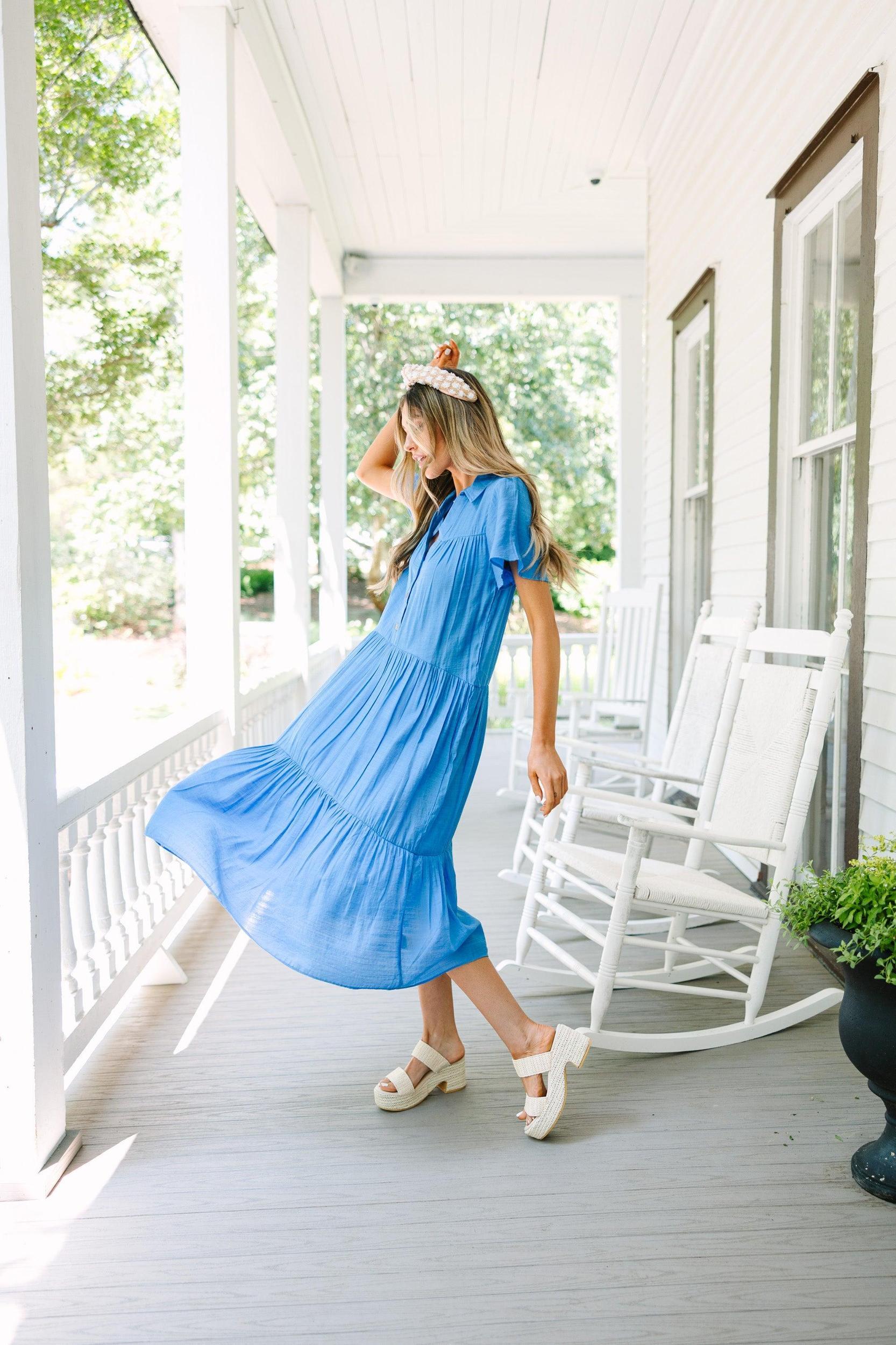 Feel Your Best Crystal Blue Tiered Midi Dress Female Product Image