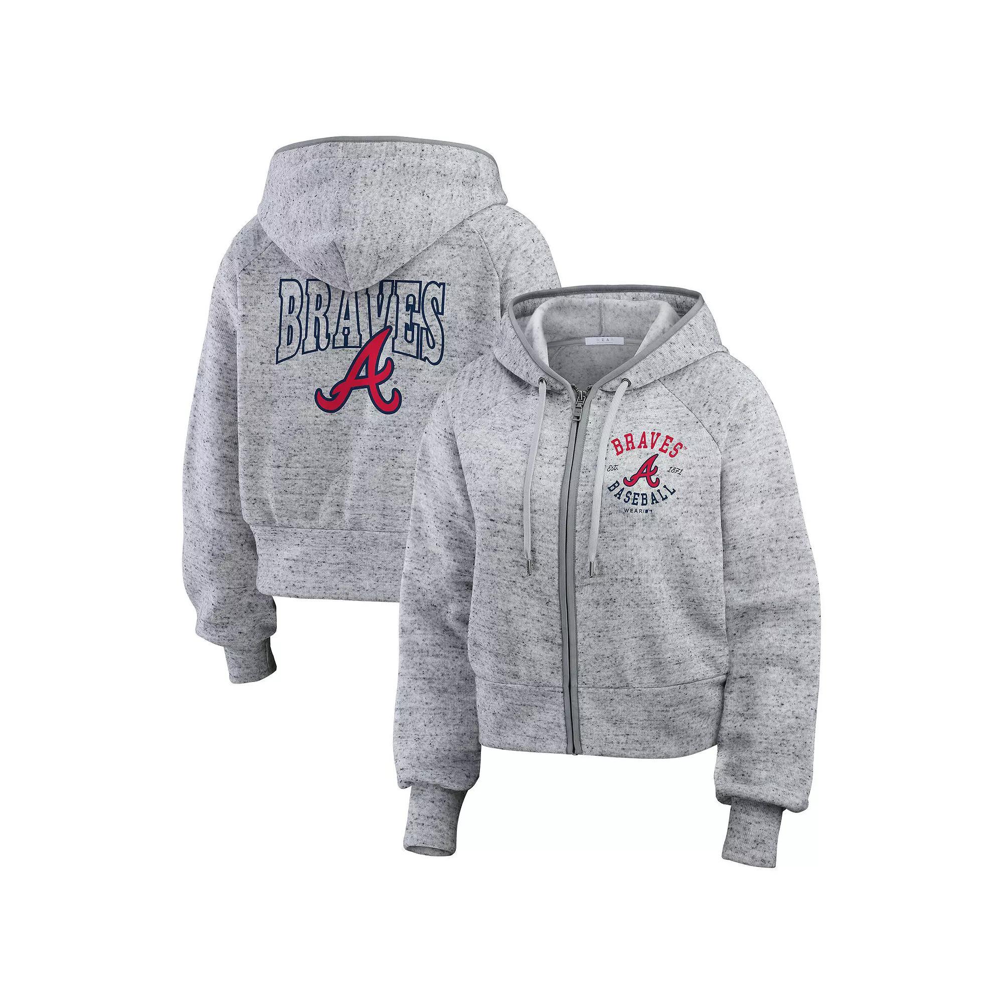 Women's WEAR by Erin Andrews  Heather Gray Atlanta Braves Speckled Fleece Cropped Full-Zip Hoodie, Size: Large, Grey Product Image