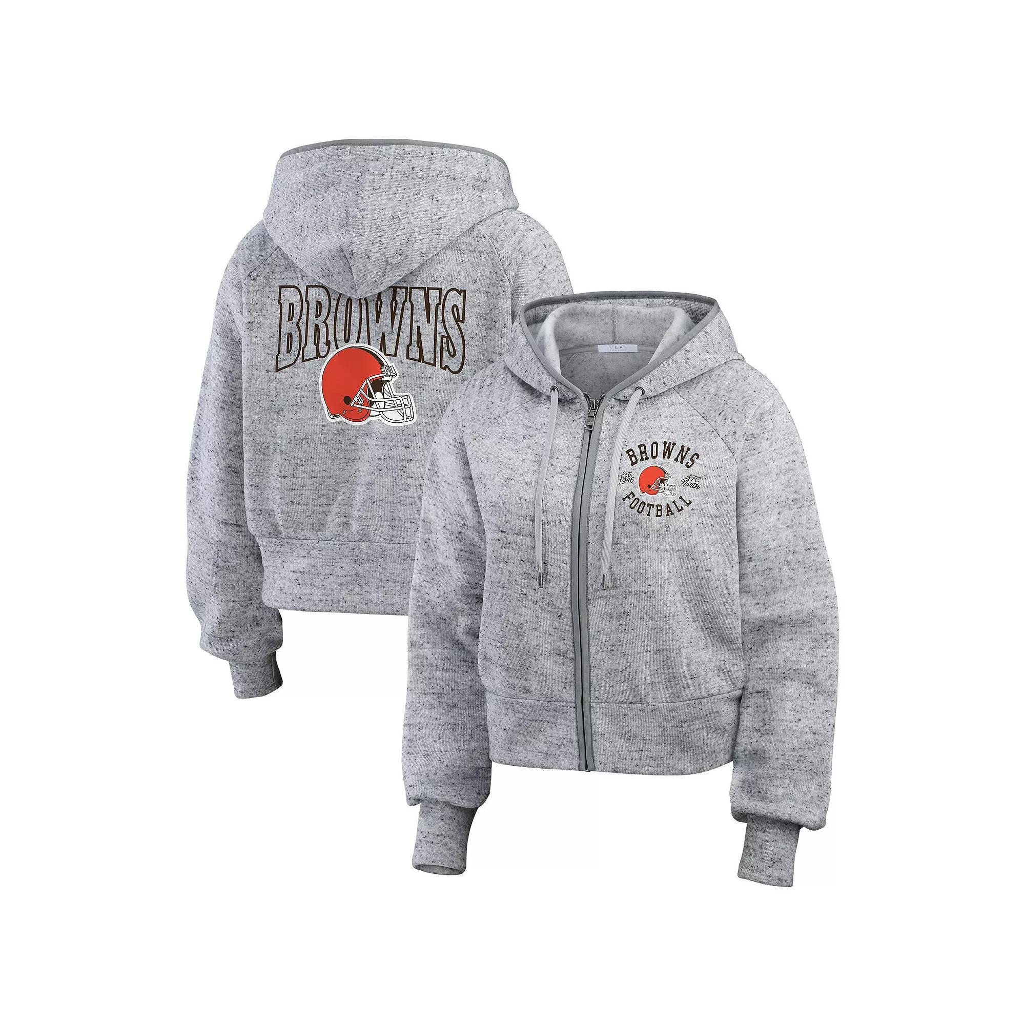 Women's WEAR by Erin Andrews  Heather Gray Cleveland Browns Speckled Fleece Cropped Full-Zip Hoodie, Size: Large, Grey Product Image