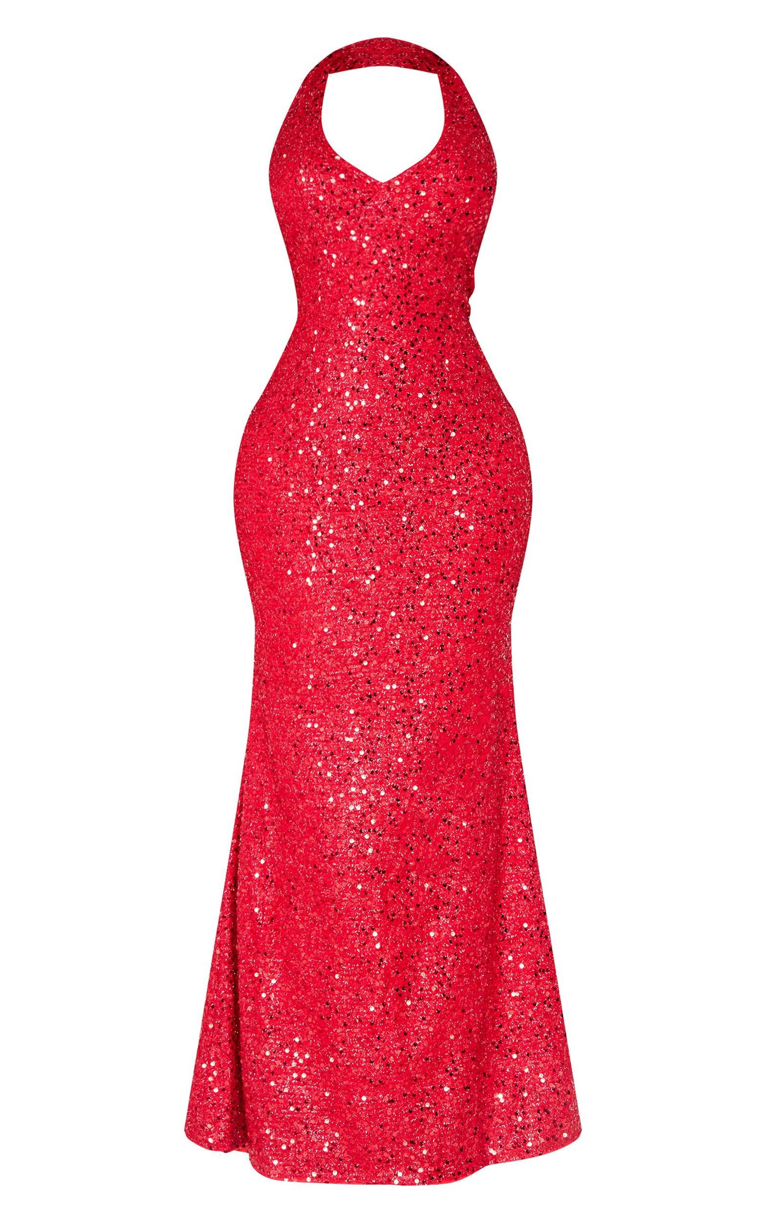 Shape Red Sequin Halter Neck Deep Plunge Maxi Dress Product Image