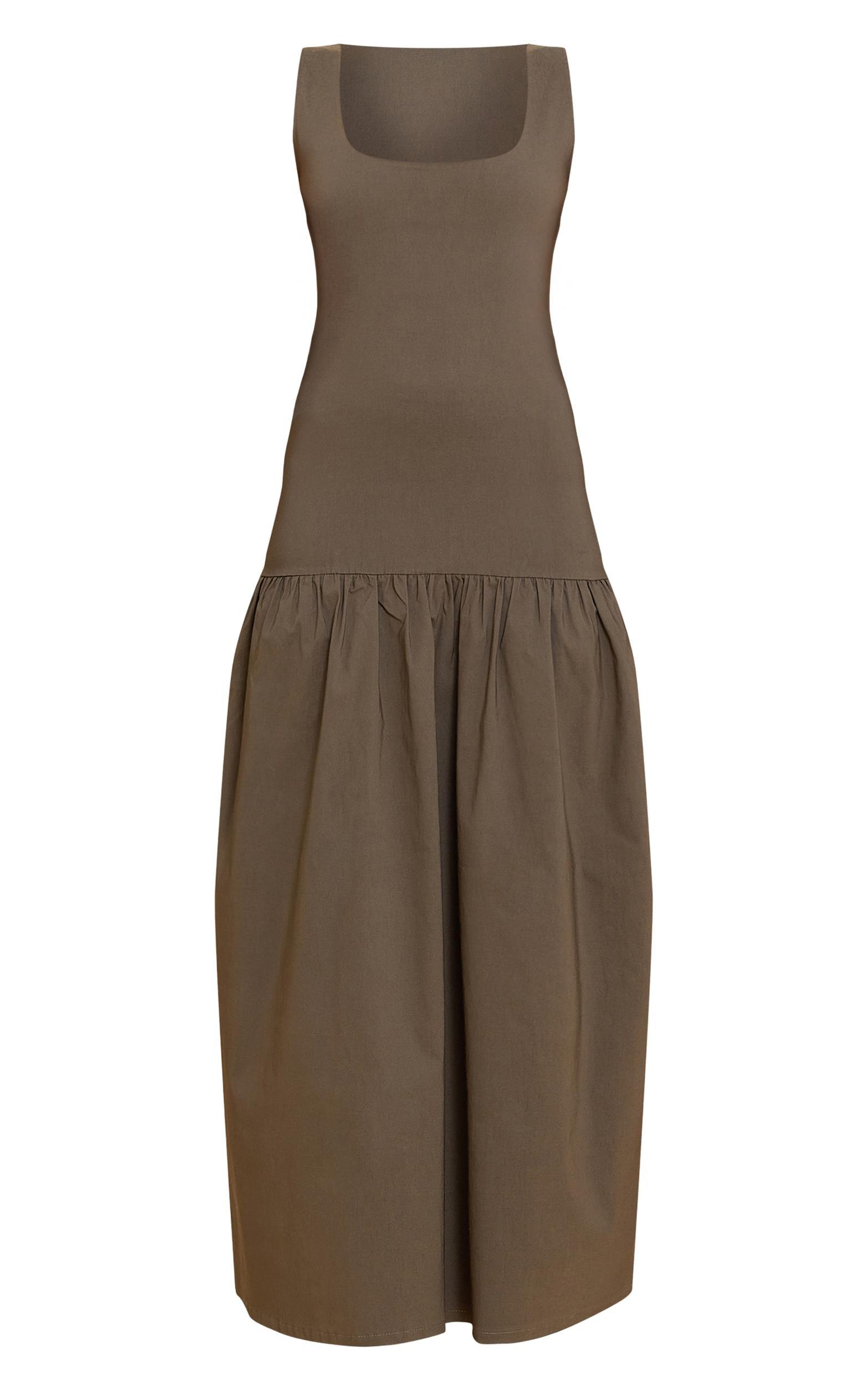 Khaki Stretch Woven Drop Waist Maxi Dress Product Image