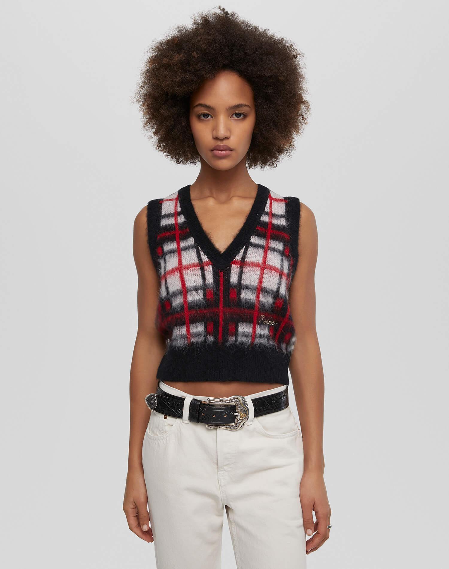 Tartan V Neck Vest - Black/Red/White Product Image
