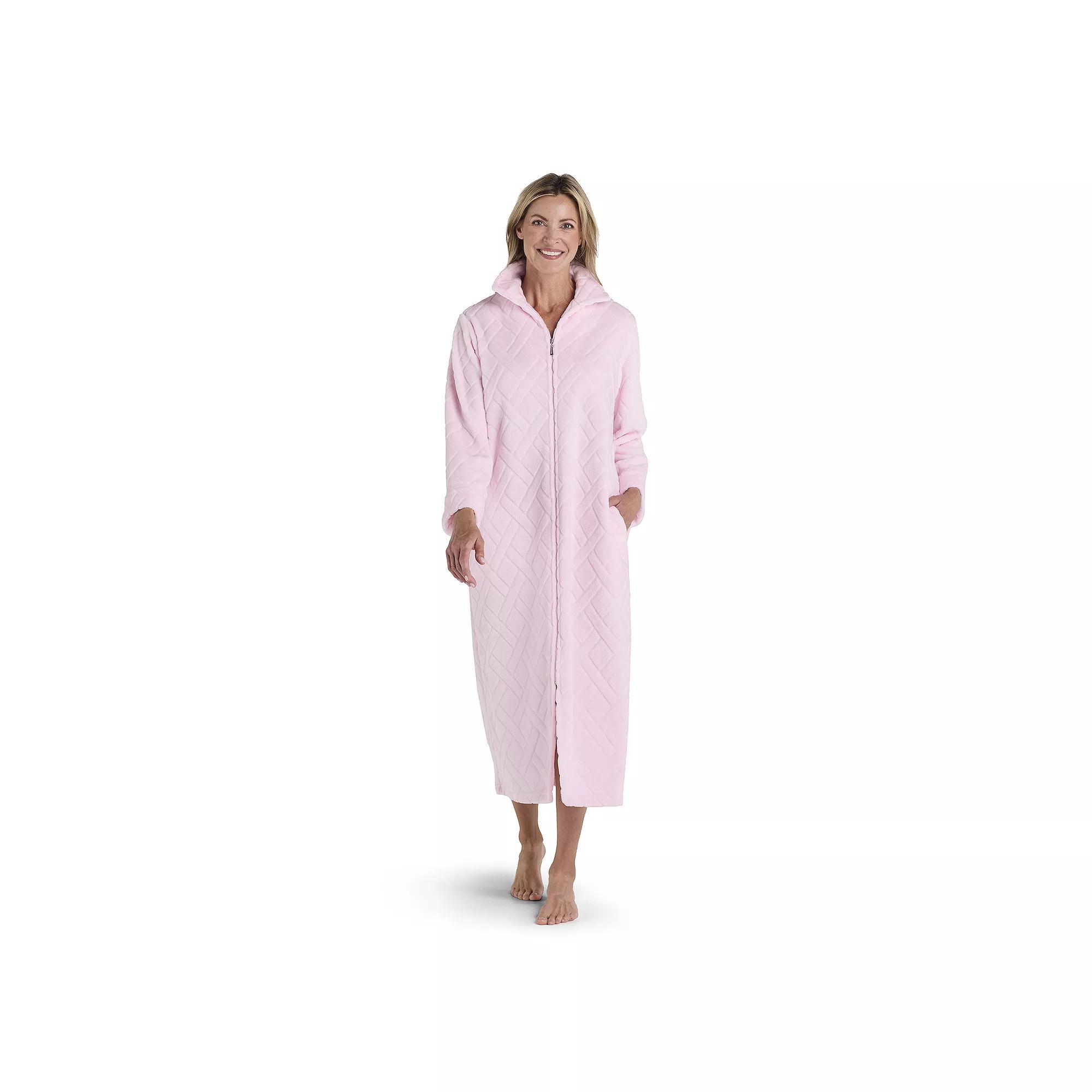 Petite Miss Elaine Essentials French Fleece Long Zip Robe, Women's, Size: Small Petite, Green Product Image