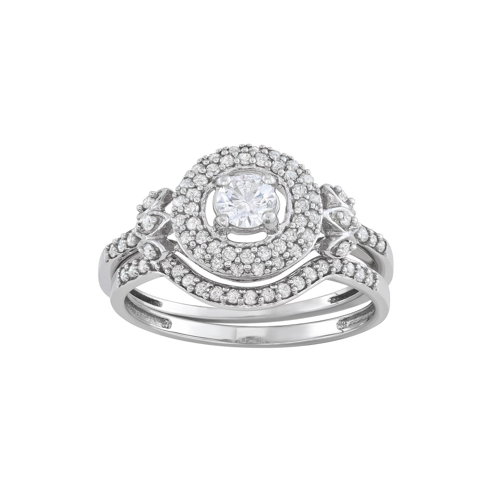 10k White Gold 5/8 Carat T.W. Diamond Halo Engagement Ring Set, Women's, Size: 7, 10k Whgold Product Image